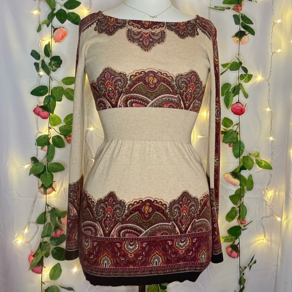 Cache Long Sleeve Sweater Dress - Cream and Brown
